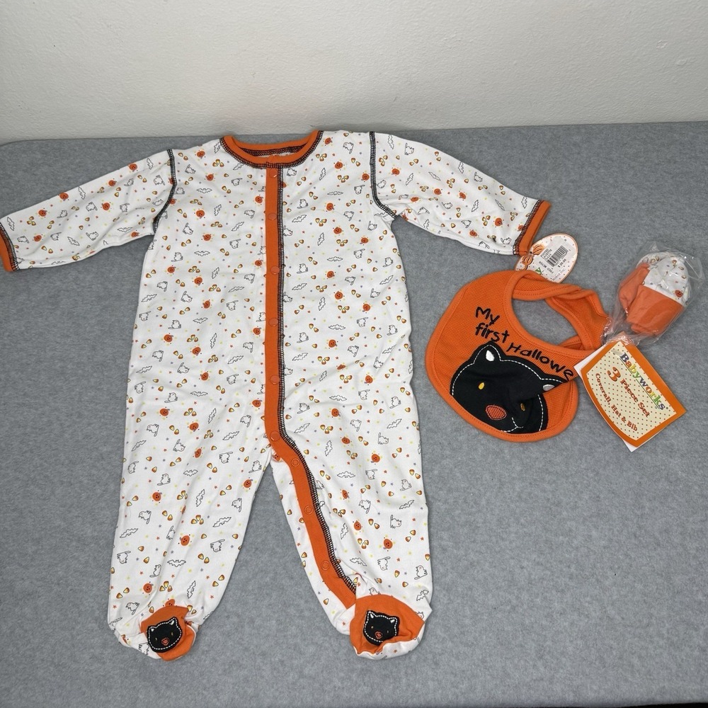 Babyworks 3 Piece Set‎ My First Halloween Bib Coverall Hat Cat Baby 3-6 Months